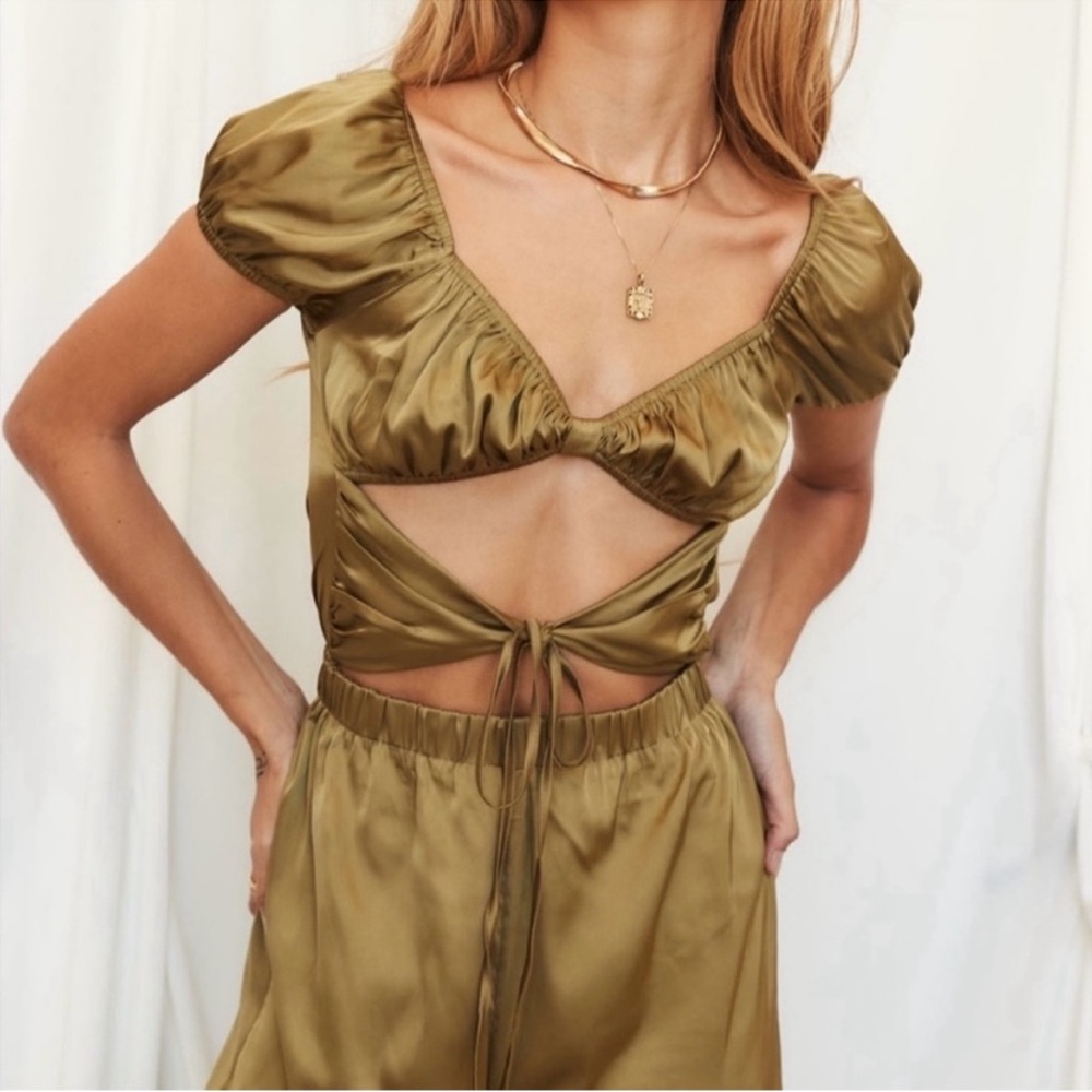 12th Tribe olive green satin jumpsuit